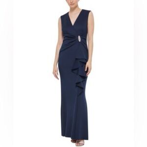 Jessica Howard Navy Women's Scuba Cascade Ruffle Gown, worn once, size 16